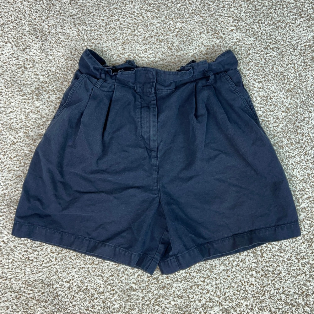 Boden Shorts Womens 10 Blue Linen Blend Paperbag Waist High Rise Pleated Pocket